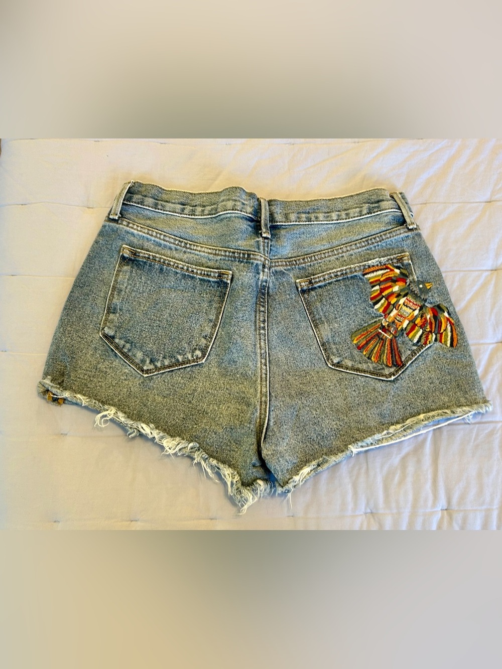 Driftwood Mid Rise SZ 29 EUC Distressed Denim Shorts w/Embroidered Trim - Blue